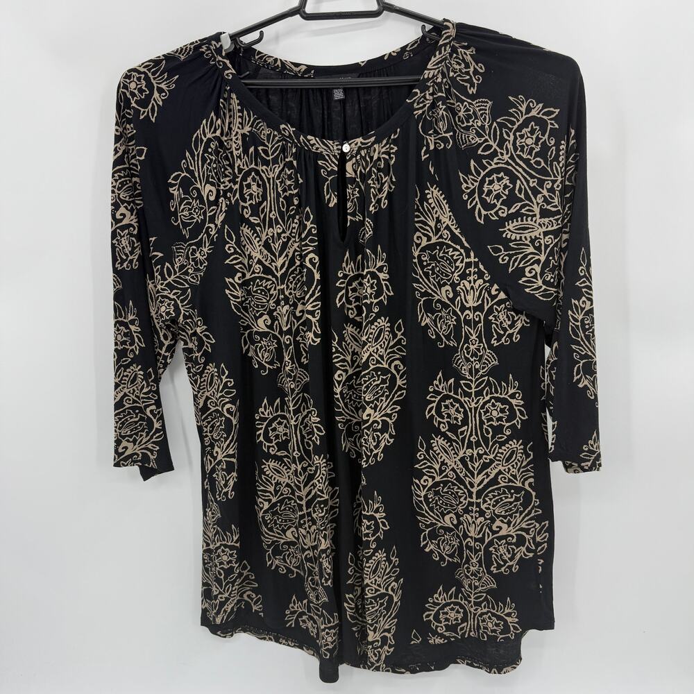 LUCKY BRAND Womens Shirt Size 1X Boho 3/4 Sleeve Keyhole Neck Relaxed Black Tan